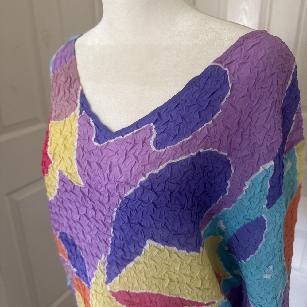 True Vintage 80s 90s Abstract Colorful Popcorn Blouse Top Sz M Artsy Semi-Sheer - Picture 2 of 8